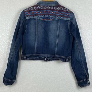 Y2K Denim Jacket Womens Small Cropped Boho Embroidered Distressed Western Hippie